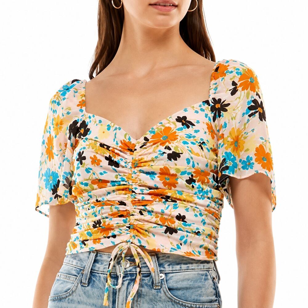 WAYF Secrets Kept Pink Floral Ruched Crop Top XL Coquette Cottagecore Y2K